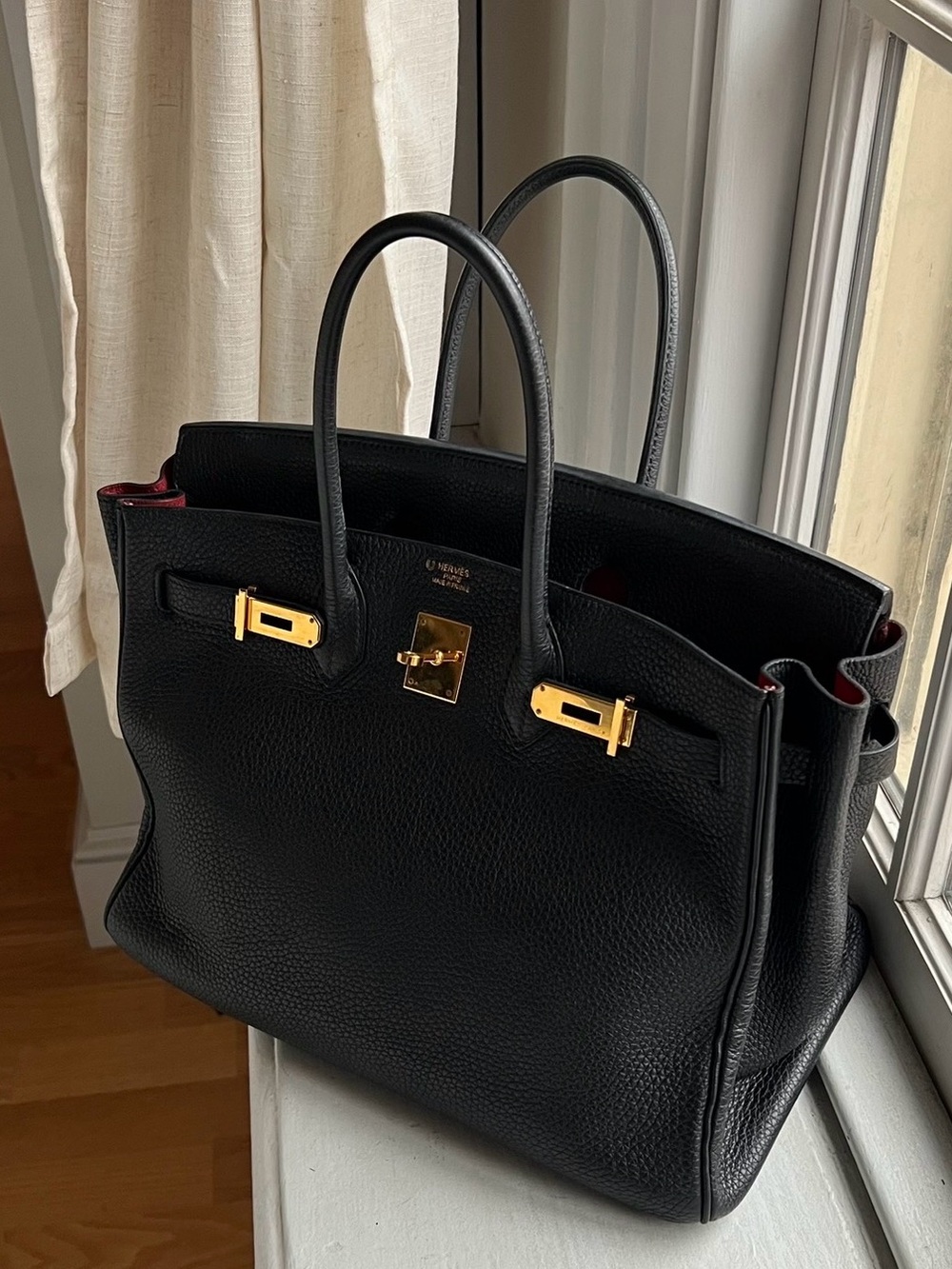 Hermes Birkin 35 Special Order Black with Gold Hardware and Red Lining